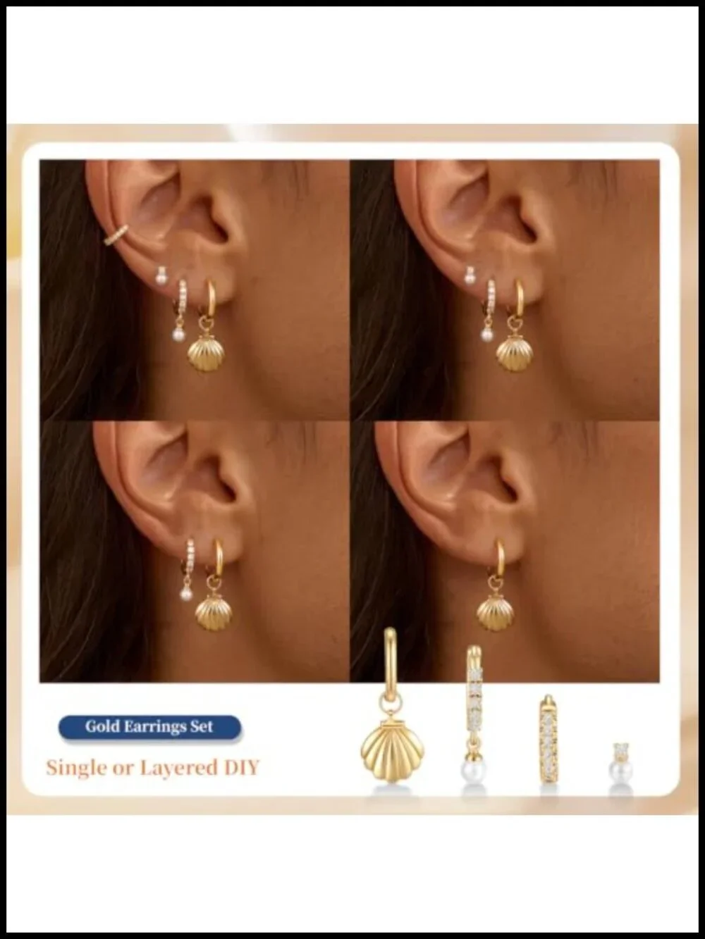 14K Gold Plated Pearl Earring Stack Set Hypoallergenic Hoop Stud Dangle